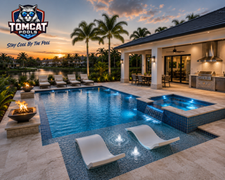 Luxury lakefront pool with tanning ledge, spa, and in-water loungers by Tomcat Pools