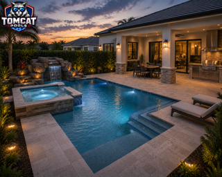 Rectangular pool with separate raised spa and waterfall by Tomcat Pools