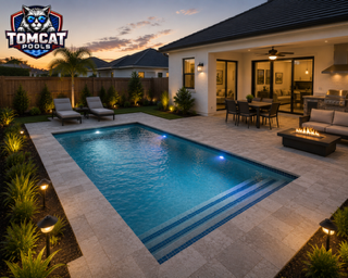 Modern rectangular pool with LED lighting and fire pit table by Tomcat Pools